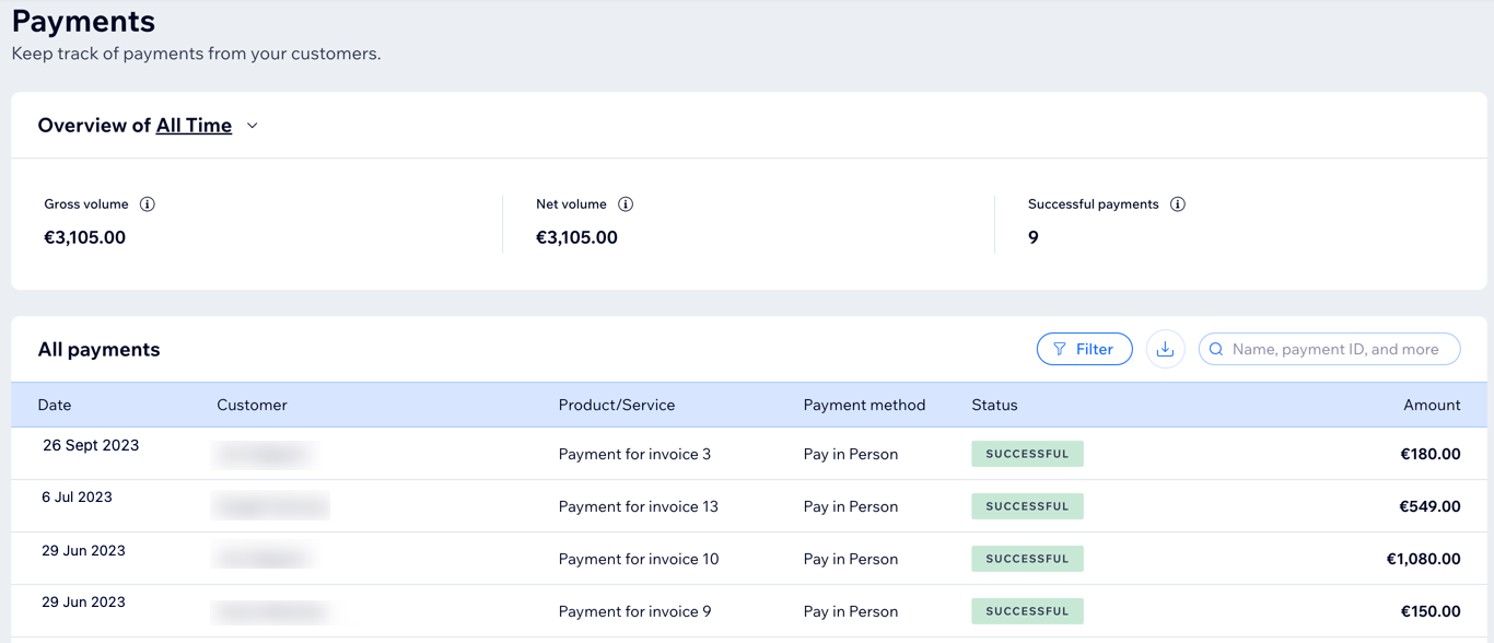 A screenshot of your Payments tab to keep track of your payments from your clients.