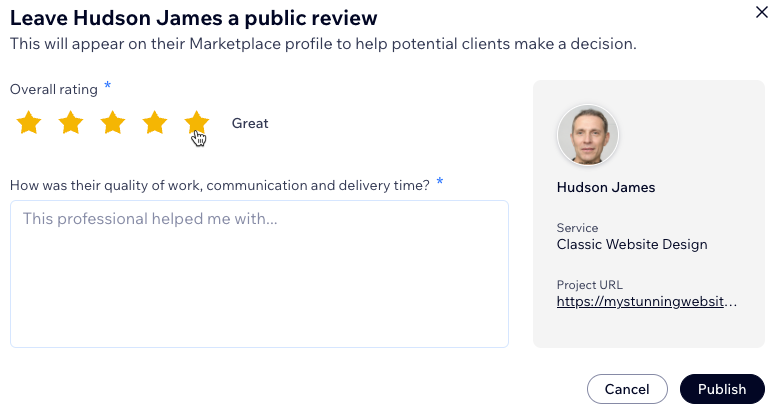 A screenshot of rating your Wix Professional and leave your feedback on the project.