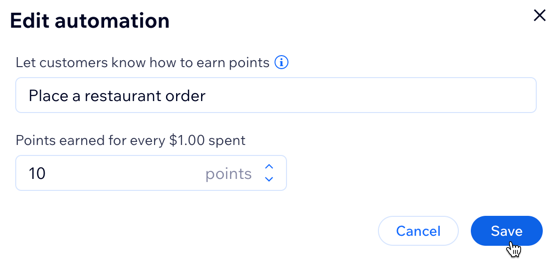 A screenshot of the text you enter to be shown to customers and how many points they get for each $1 spent.