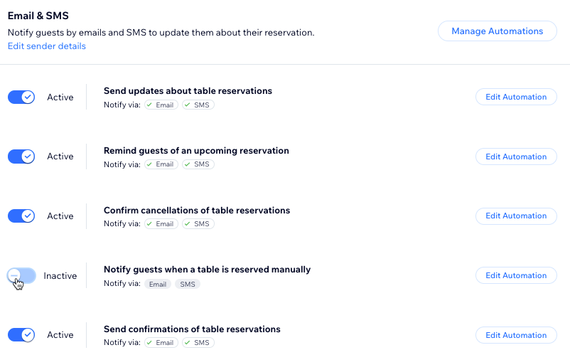 Une capture d'écran de vos automations préinstallées pour les réservations de table.