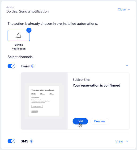 A screenshot of selecting channels and editing email for an automated notification to guests about their reservation.