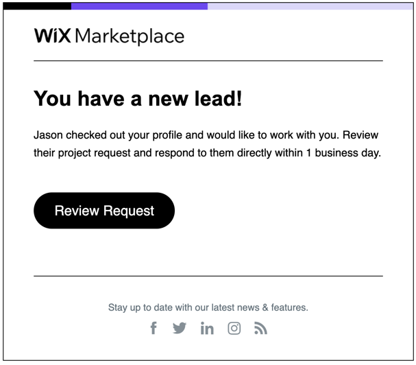 Wix Marketplace で、新たなリードを獲得した際に受信するメール通知のスクリーンショット。