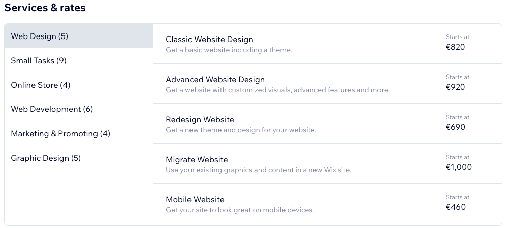 A screenshot of your service & rates in your Wix marketplace profile.