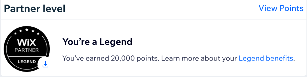 A screenshot of reaching the top level, Legend in the Wix Partner program.