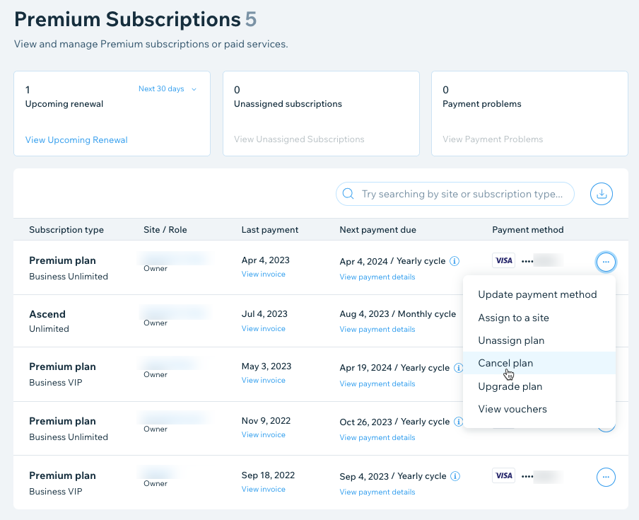 A screenshot of the Premium Subscriptions tab in Wix Studio.