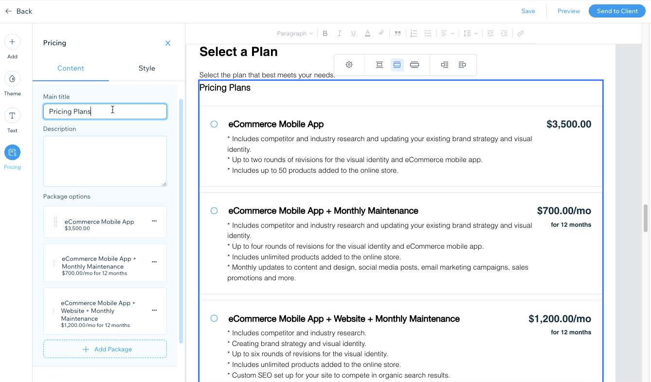 A screenshot of editing pricing in the proposal template.