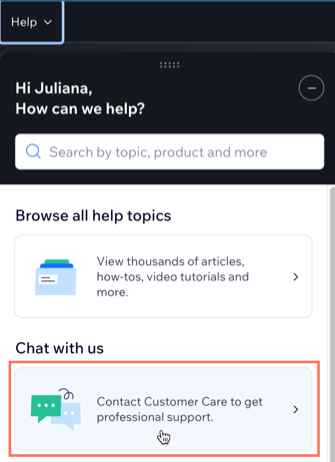 A screenshot of the help widget and selecting Contact Customer Care.