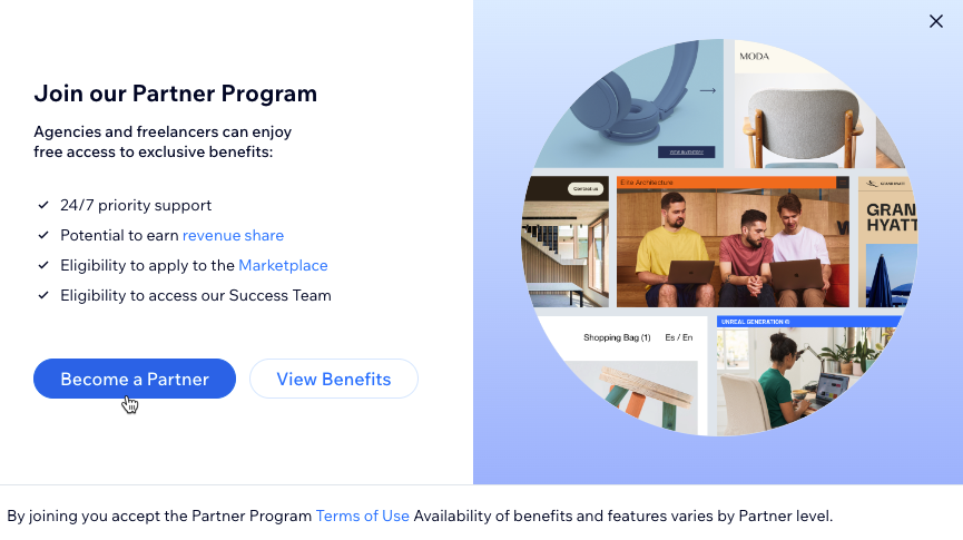צילום מסך של ההצטרפות לתוכנית הפרטנרים והפיכה לפרטנר של Wix.