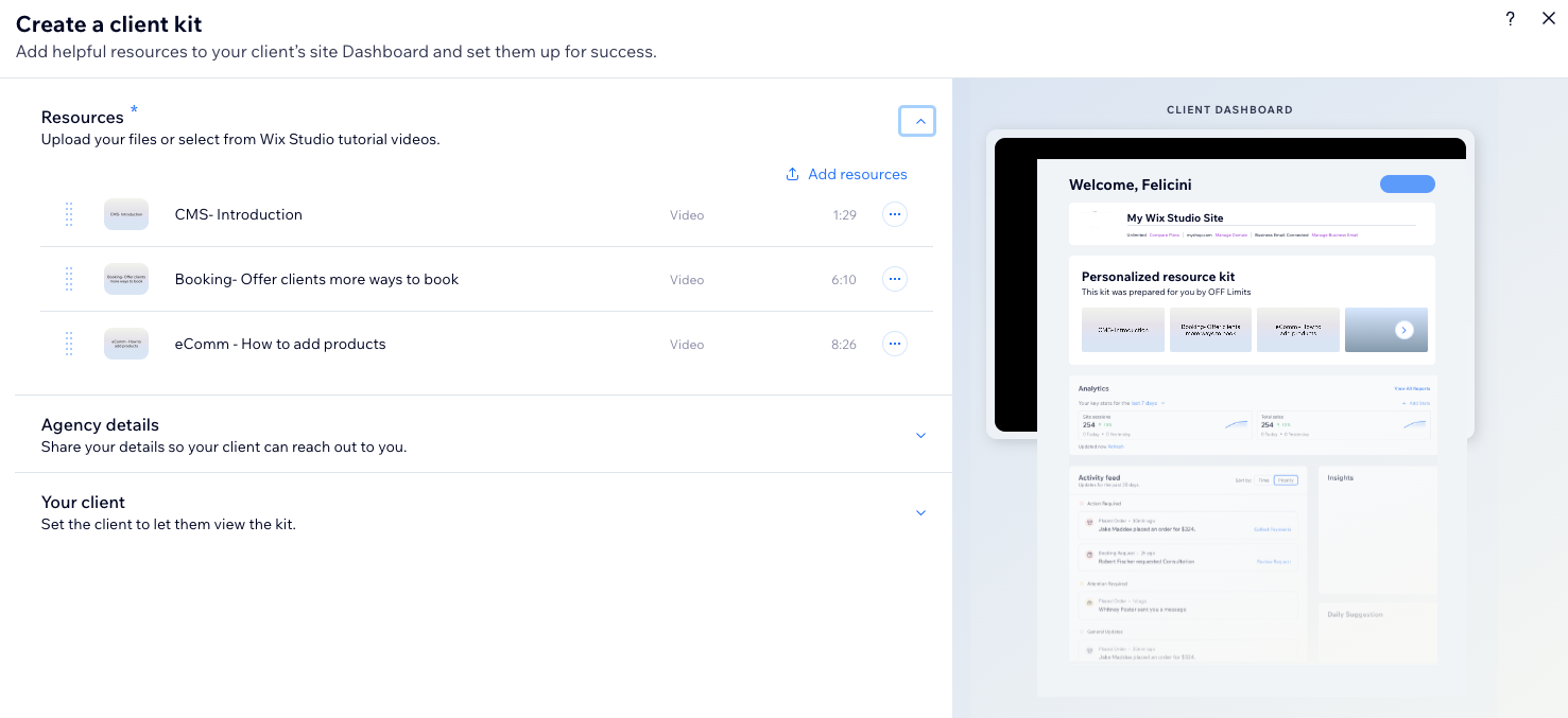 A screenshot of creating a personalized client kit for a Wix Studio site.