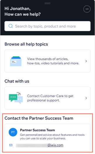 Screenshot del widget di assistenza con le informazioni di contatto del success team per i partner