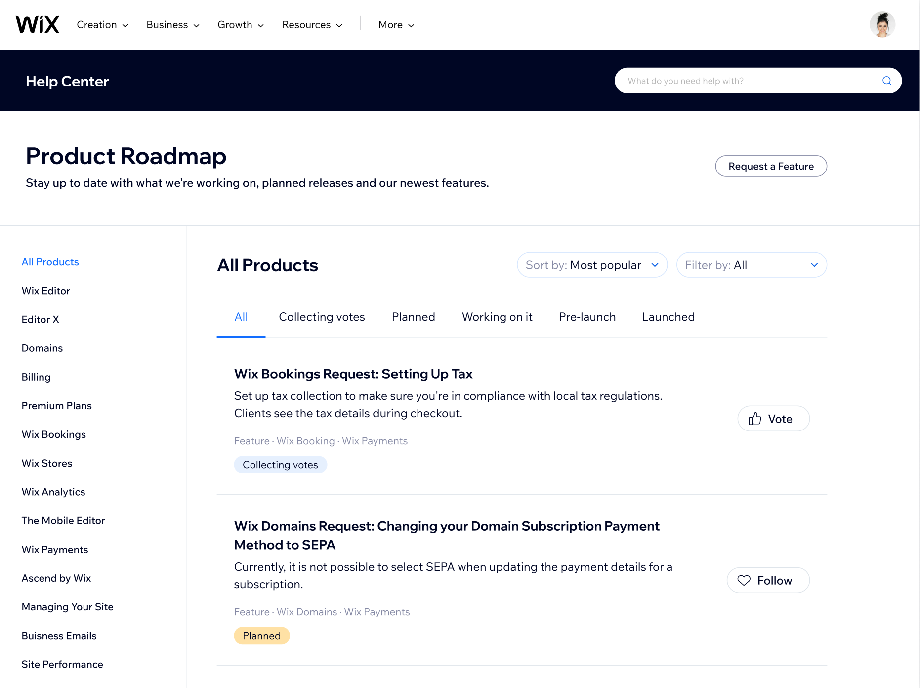 A screenshot of the Wix Product Roadmap page.