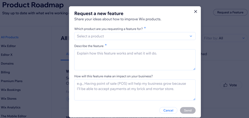 A screenshot of requesting a feature in the Wix Product Roadmap page.