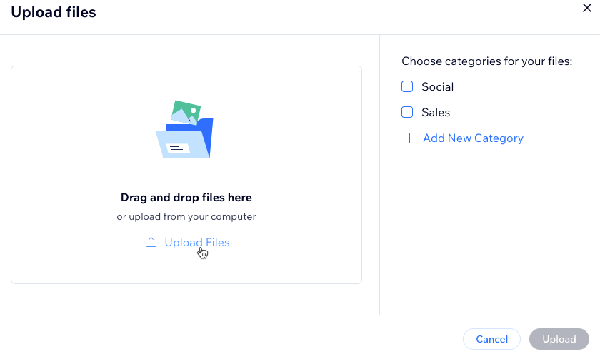 A screenshot of uploading files and choosing a category for your media file types.