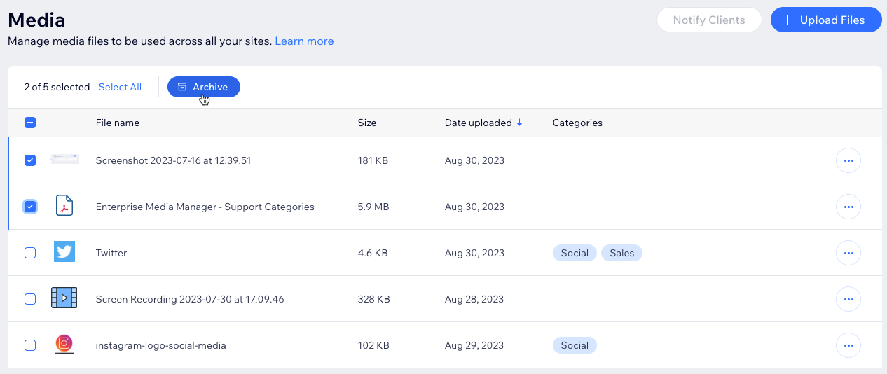 A screenshot showing how to archive media files in the enterprise dashboard.