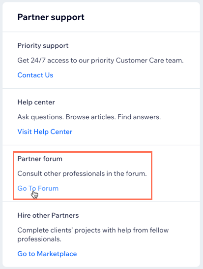 צילום מסך של הקלקה על Go To Forum תחת Partner Forum בקטע Partner Support (תמיכה לפרטנרים) בדאשבורד של הפרטנרים.