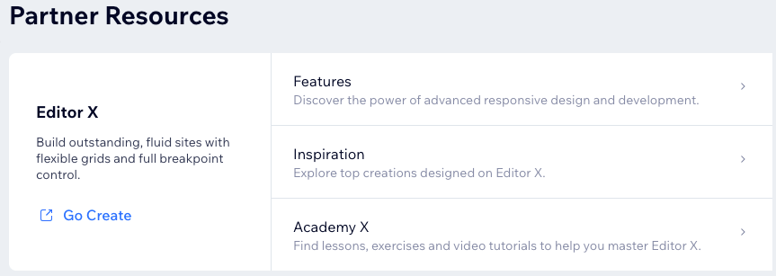 A screenshot of the Partner Resources tab and Editor X section.