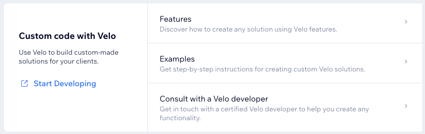 A screenshot of Custom code with Velo section in the Partners Resources tab.