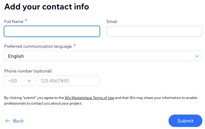 A screenshot of entering your contact info for a request to be matched with a Wix Professional.