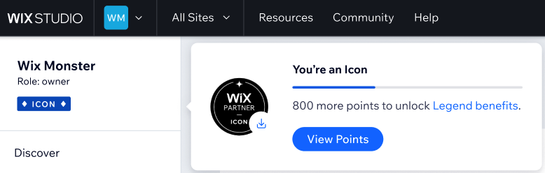 Screenshot deines Abschnitts auf Partner-Ebene und Klicken auf „Punkte ansehen“ im Workspace von Wix Studio