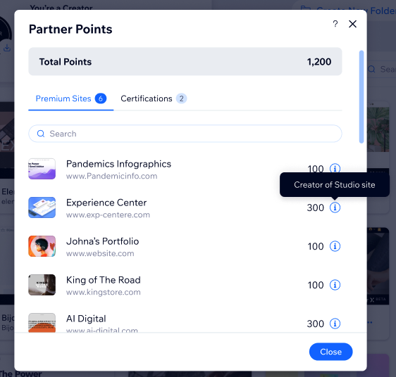 Wix Studio의 파트너 포인트 대화상자 스크린샷