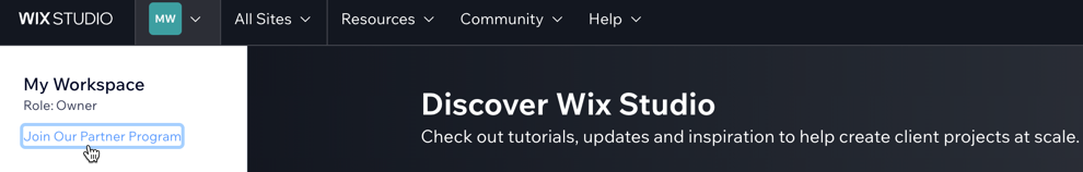 A screenshot of clicking join our partner program on the top left of the Wix Studio workspace.