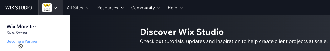A screenshot of clicking become a partner on the top left of the Wix Studio workspace to join the Wix Partner Program.