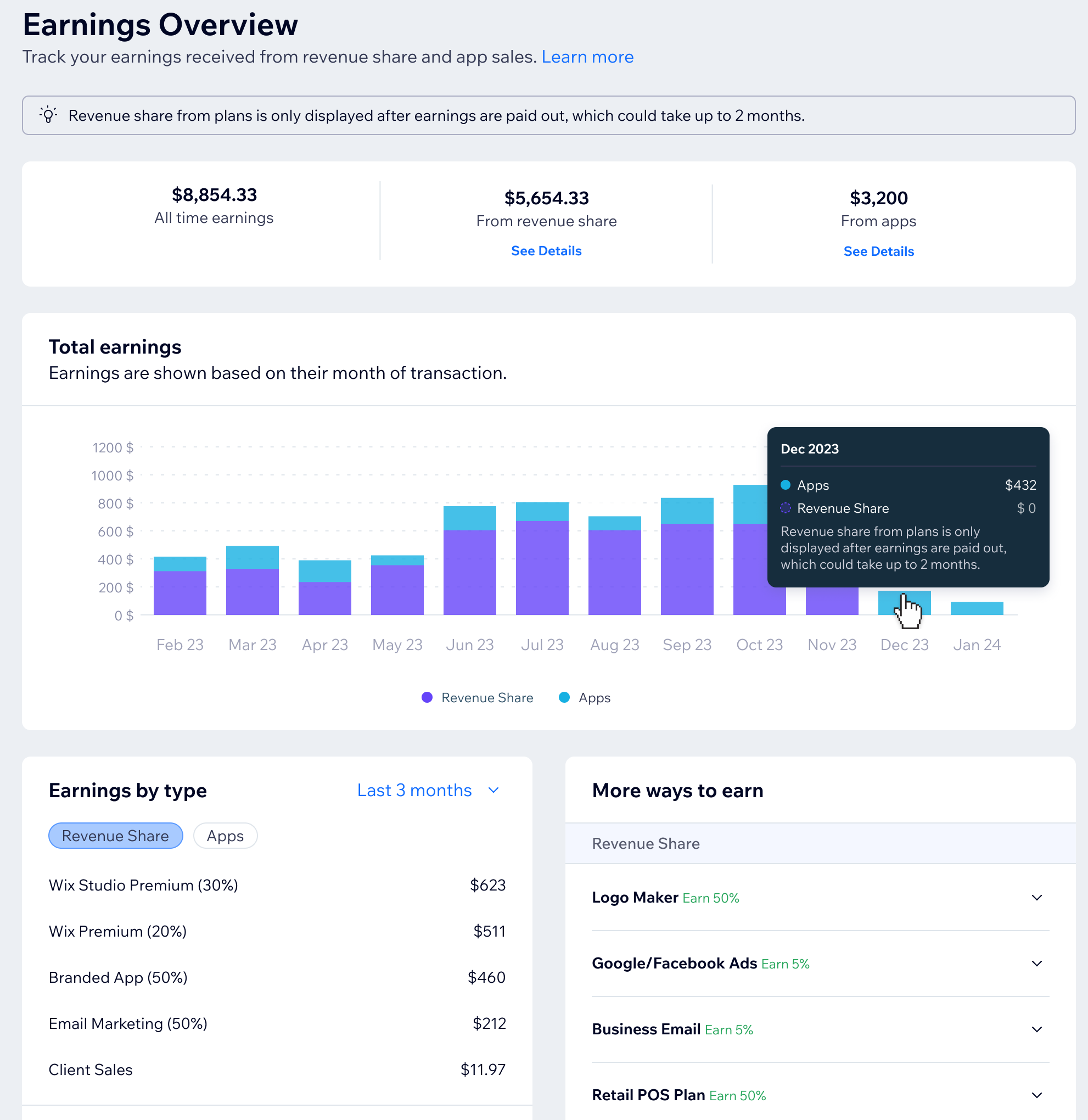 A screenshot of the Earnings Overview tab in Wix Studio workspace.