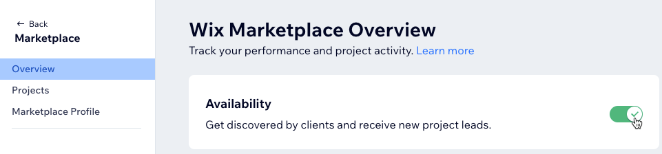 A screenshot of Wix Marketplace Overview tab and the availability toggle.