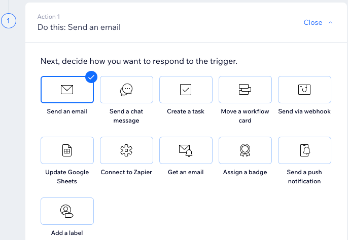 A screenshot of choosing the action for the trigger like sending an email.