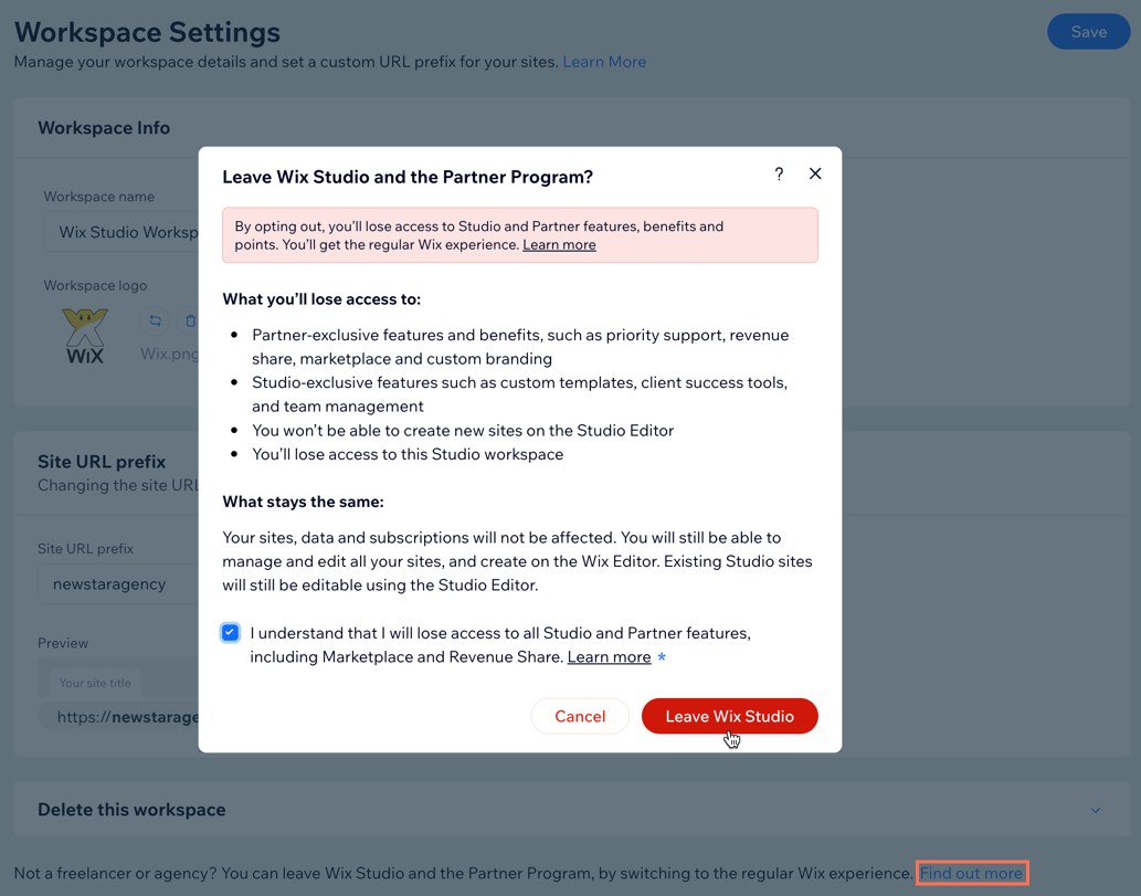 A screenshot of confirming leaving Wix Studio and losing access to exclusive features.