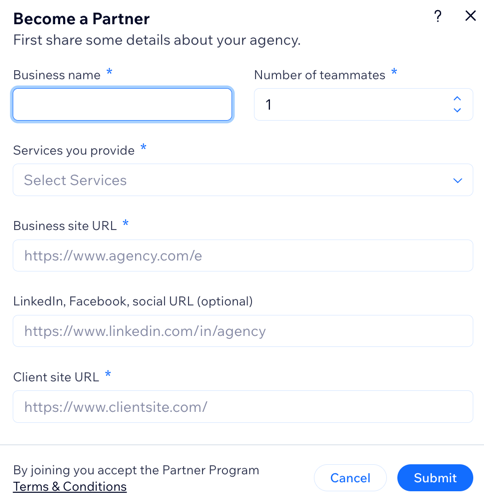 A screenshot of the Become a Partner dialog to enter details about your agency.