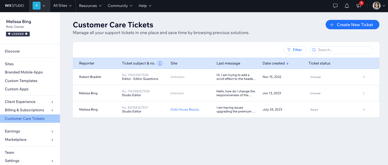 Go to Customer Care Tickets in your Wix Studio workspace.