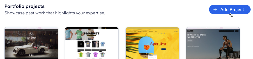 Screenshot, der zeigt, wie du auf Projekt hinzufügen klickst, um deine Projekte zu deinem Profil auf dem Wix Marketplace hinzuzufügen