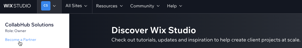 A screenshot of clicking become a partner on the top left of the Wix Studio workspace to join the Wix Partner Program.