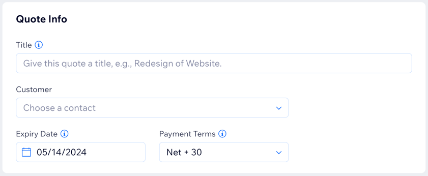 A screenshot of entering the quote info, including title, client expiry date and payment terms.