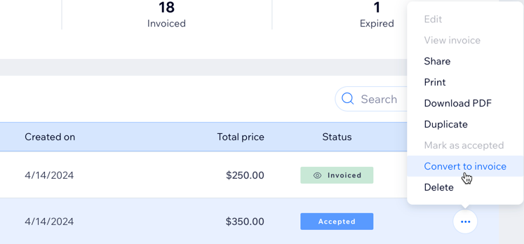 A screenshot of clicking on a price quote that was accepted to convert it to an invoice.