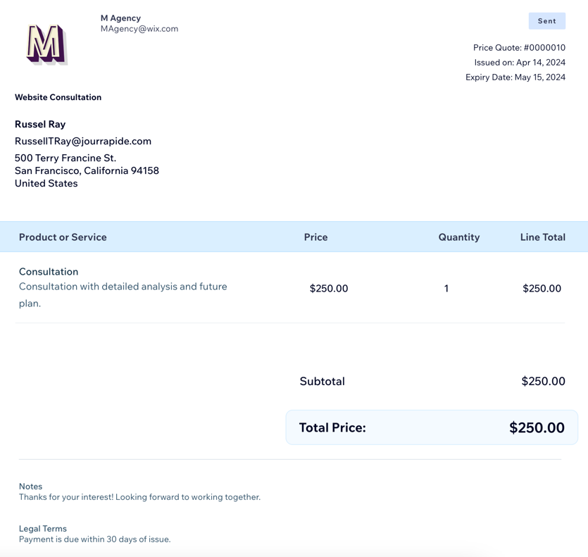 A screenshot example of a price quote sent to a client.