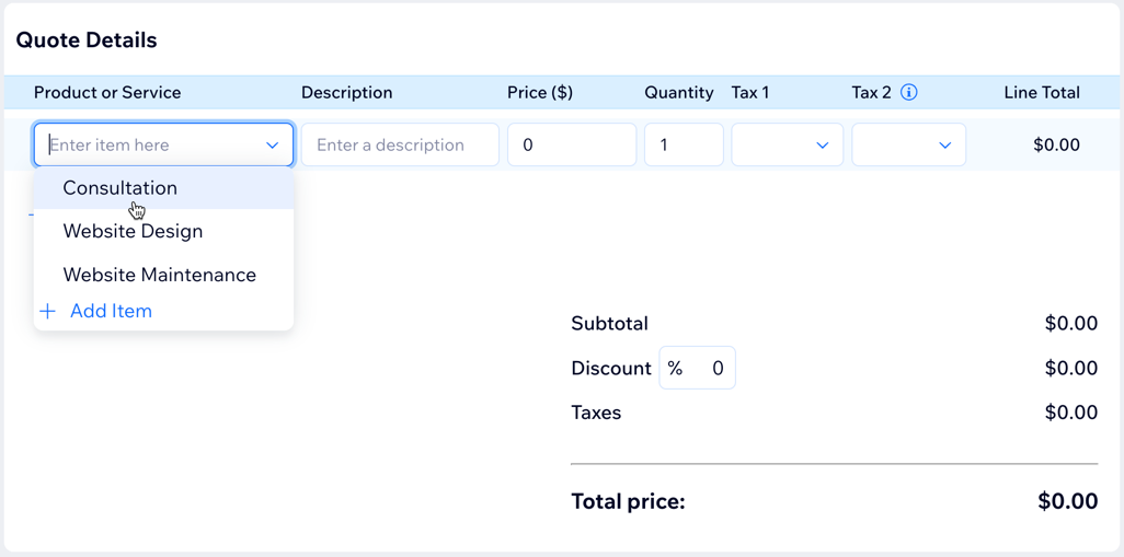 A screenshot of adding your quote details and select a product or service.