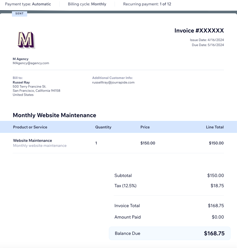 A screenshot that shows a preview of a recurring invoice.