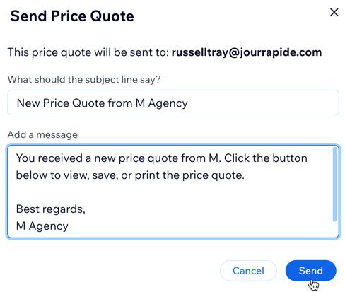 A screenshot of editing the content of the price quote email before sending it to your client.