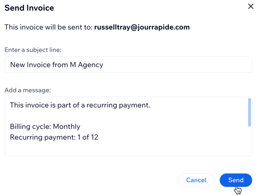 A screenshot of editing the email contents of the recurring invoice and sending to your client.
