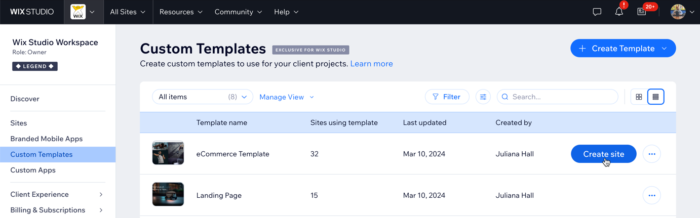 A screenshot showing the Create Site button in Custom Templates.