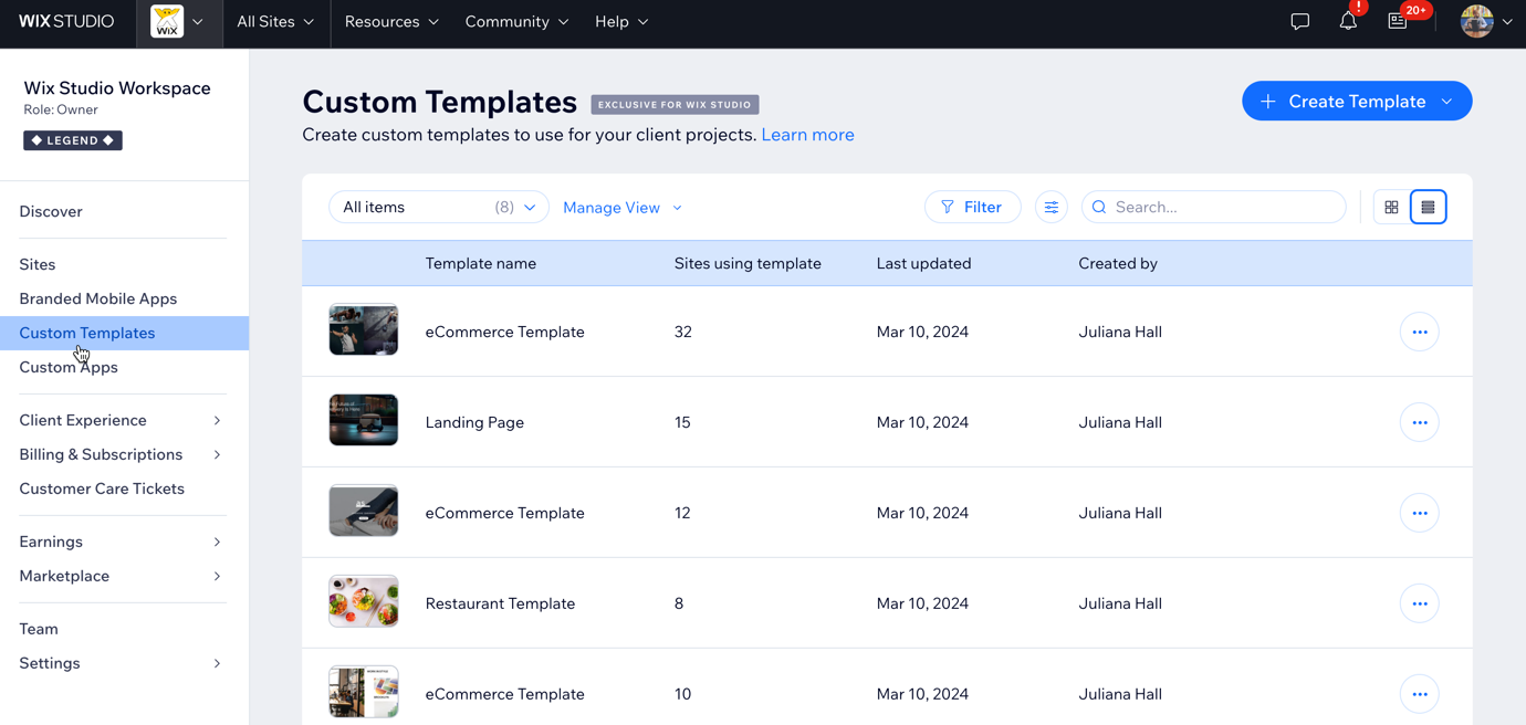 A screenshot showing the Custom Templates tab in the side bar of Wix Studio.