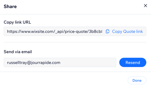 A screenshot of sharing the price quote again with your client either by direct link or email.