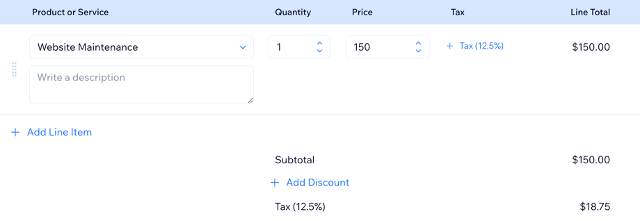 A screenshot of adding the product or service to the recurring invoice.