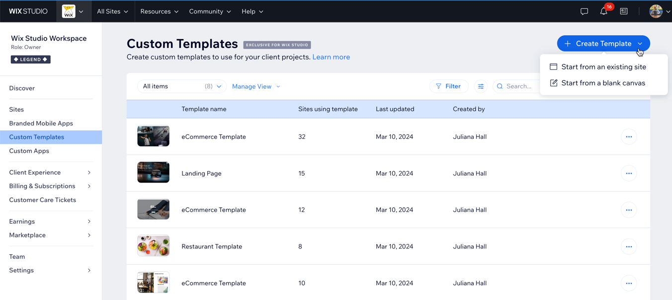 A screenshot of clicking Create Template and choosing how to create your template. in the Custom Templates tab.