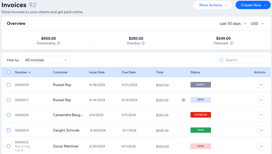 A screenshot of the Invoices tab in Wix Studio workspace.