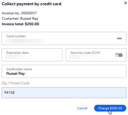 A screenshot of collecting payment from your client by charging their credit card for the invoice amount.