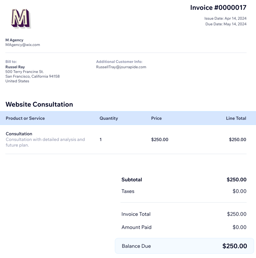 A screenshot of an invoice that was sent to a client.