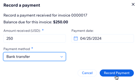 A screenshot of recording a payment your client has made for an invoice.